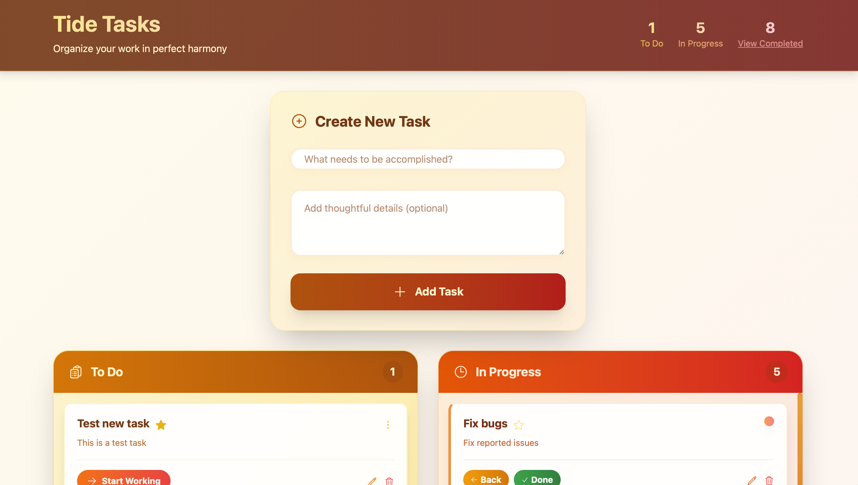 Screenshot of the task manager home view
